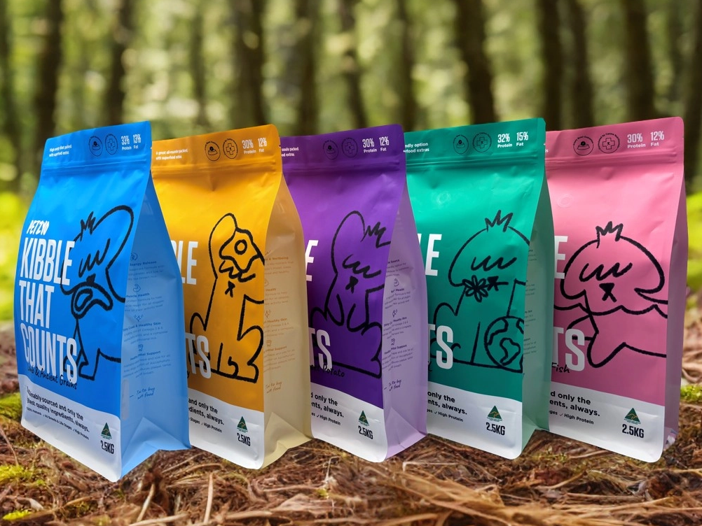 Kleurrijke platte bodemzakken voor pakking voor huisdierenvoedsel